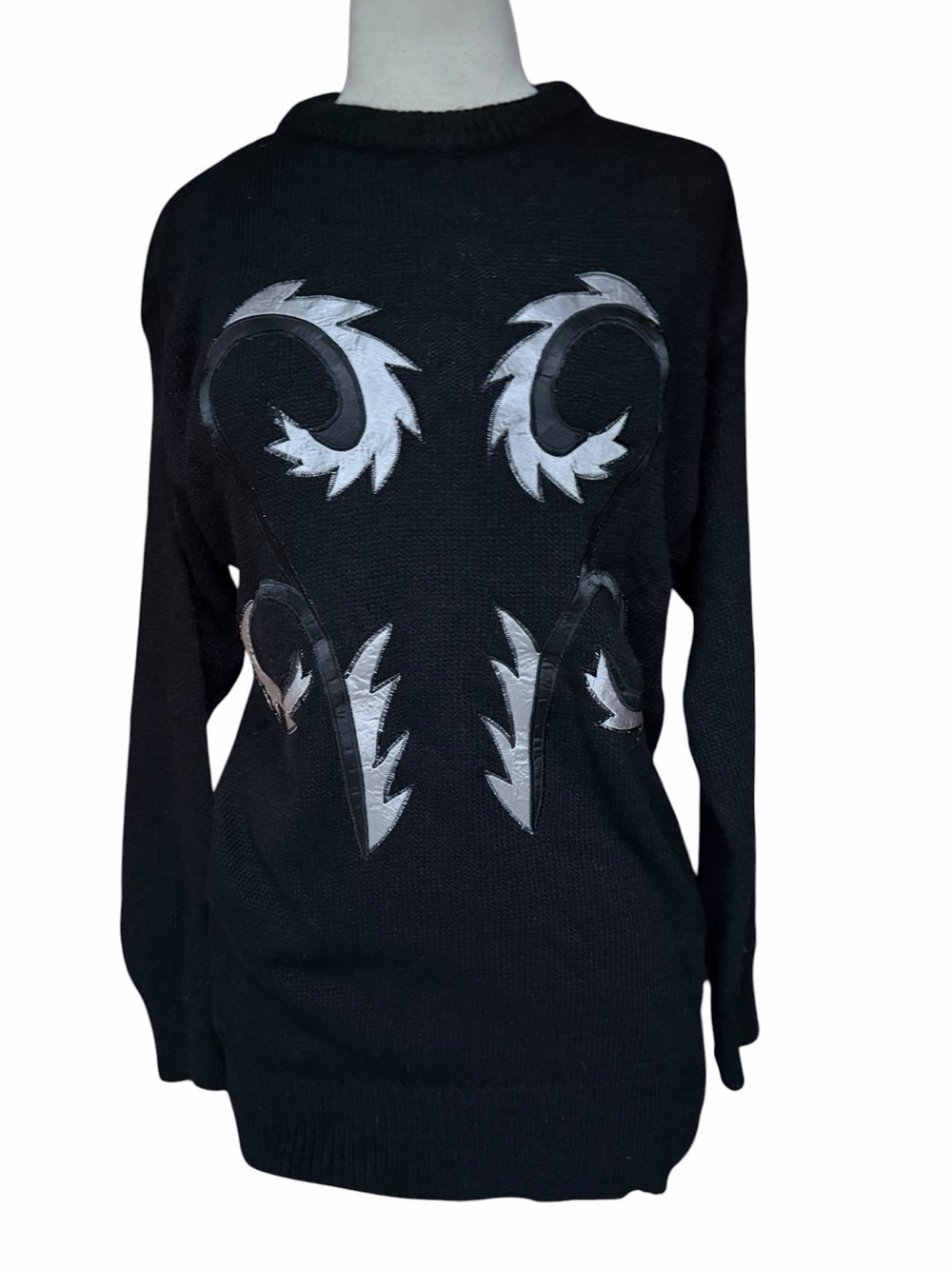 Late 80s/Early 90s Prisms Silk/Angora Abstract Faux-Leather Applique Sweater